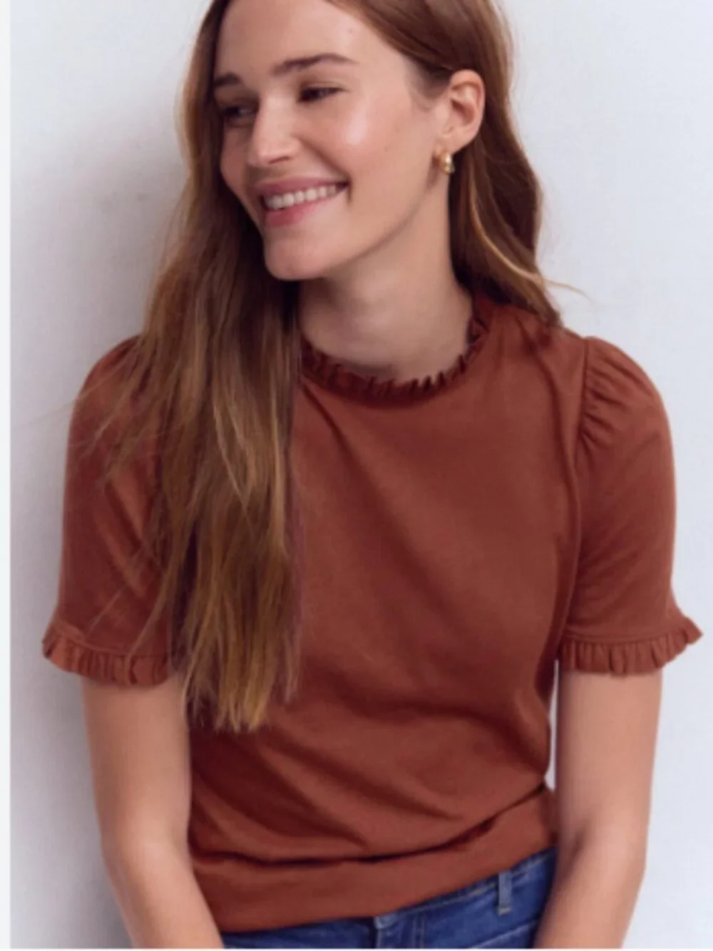 NEW Boden Supersoft Frill Detail T-Shirt Roasted Brown Cotton Short Sleeve Top - Picture 1 of 11